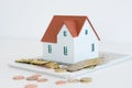 House ownership concept Ã¢â¬â a model house on a pile of coins Royalty Free Stock Photo